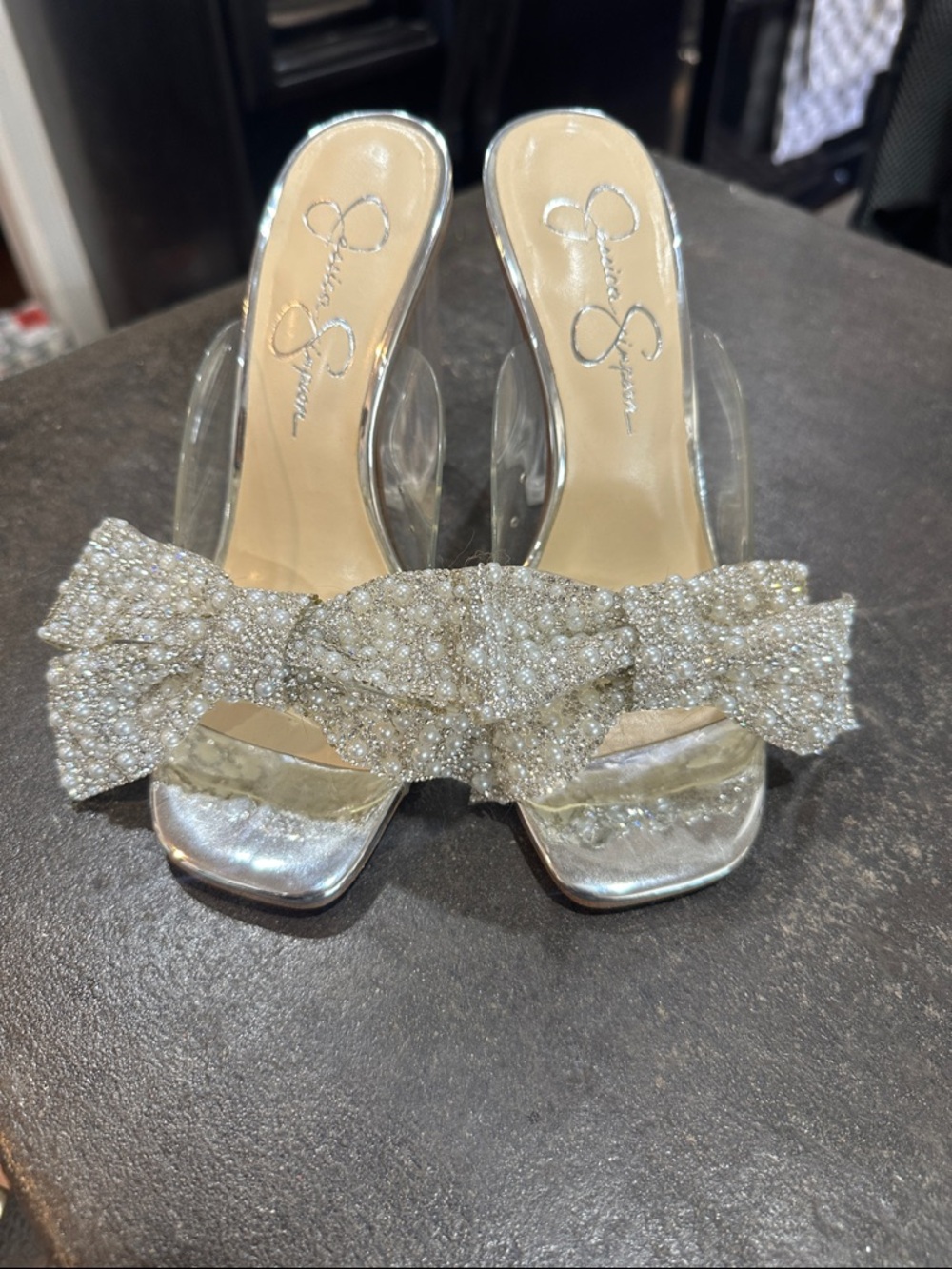 Jessica Simpson Silver Crystal Bow Slide Heels